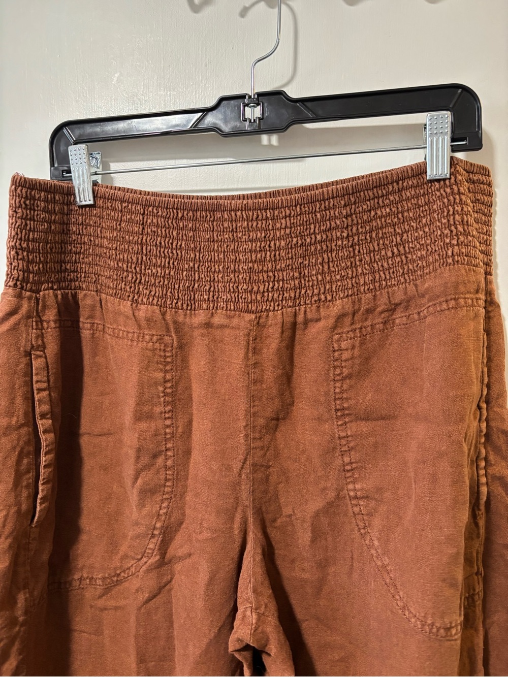 Anthropologie Pilcro Reese Smocked Linen Barrel Pants Medium Brown Boho Size M - Picture 4 of 8